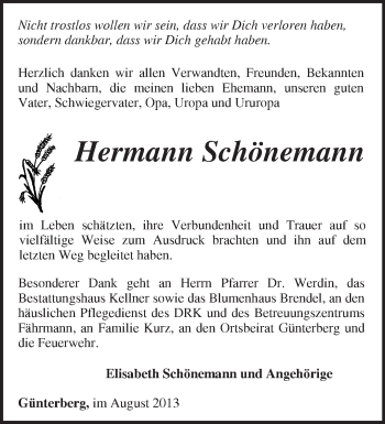 Traueranzeige von Hermann Schönemann von Märkische Oderzeitung